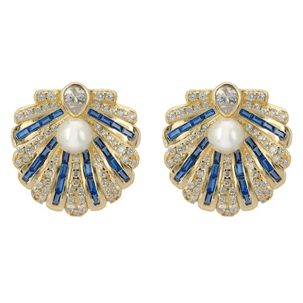 Art Deco Scallop Shell Earrings Sapphire Blue With Pearl Gold