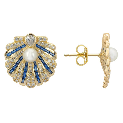 Art Deco Scallop Shell Earrings Sapphire Blue With Pearl Gold