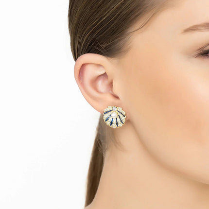 Art Deco Scallop Shell Earrings Sapphire Blue With Pearl Gold