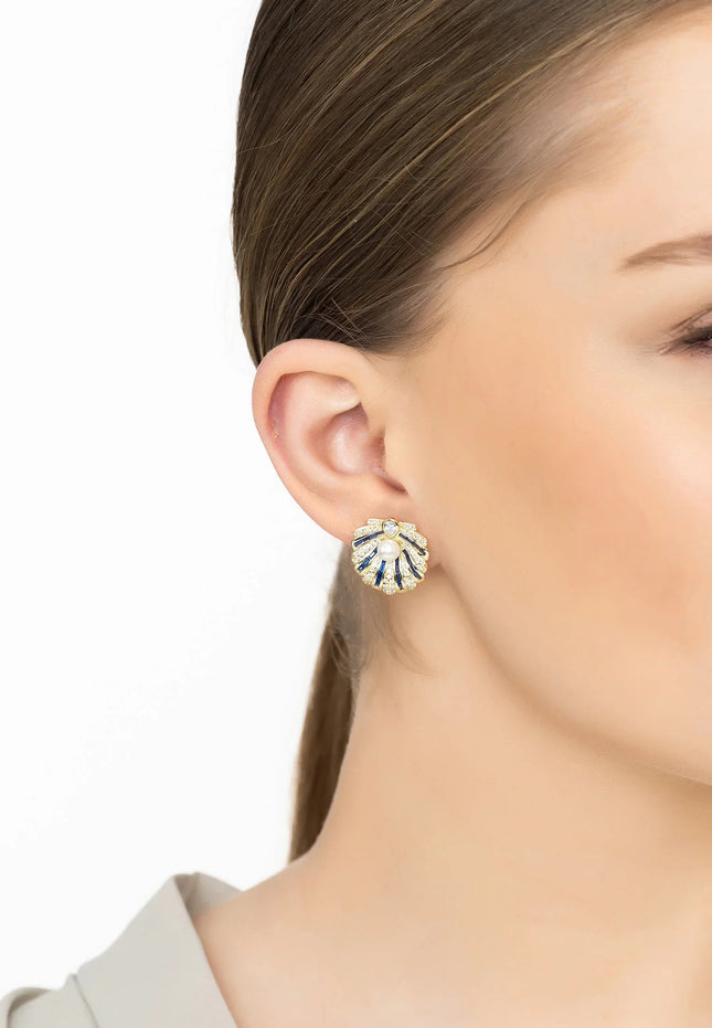 Art Deco Scallop Shell Earrings Sapphire Blue With Pearl Gold