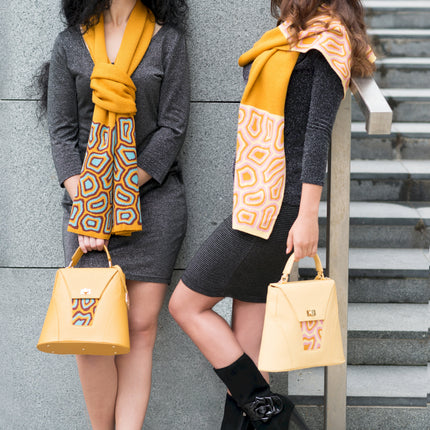 TATI BODUCH Designer Handbag, AGATE Mini Collection, Genuine Leather: Yellow, Knitwear: Pink