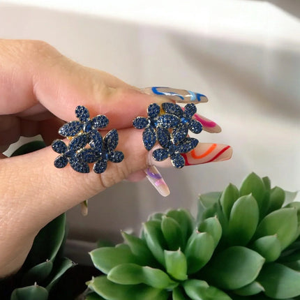 Flowers Large Stud Earrings Sapphire Blue Gold