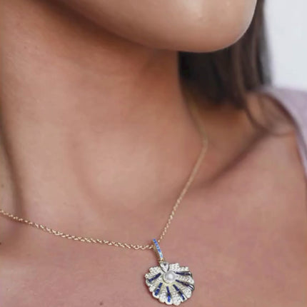 Art Deco Scallop Shell Pendant Necklace Sapphire Blue With Pearl Gold