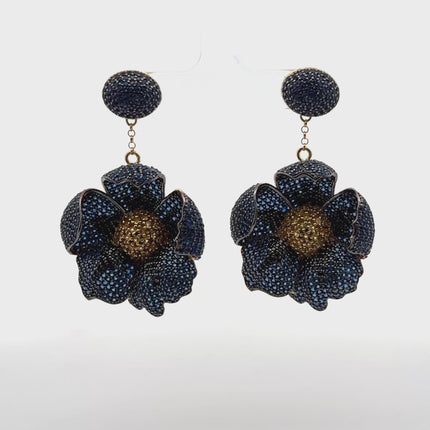 Poppy Flower Drop Earrings Sapphire Gold