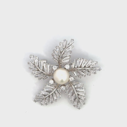 Fern Starflower Pearl Brooch Silver
