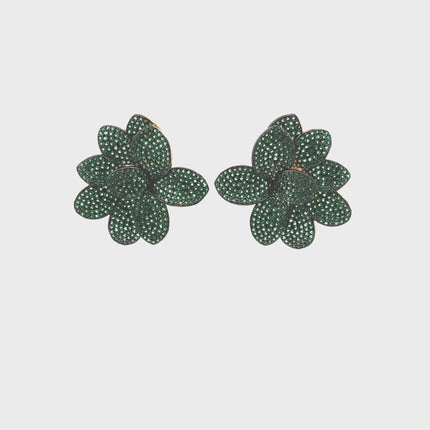 Amaryllis Flower Large Stud Earrings Gold Emerald