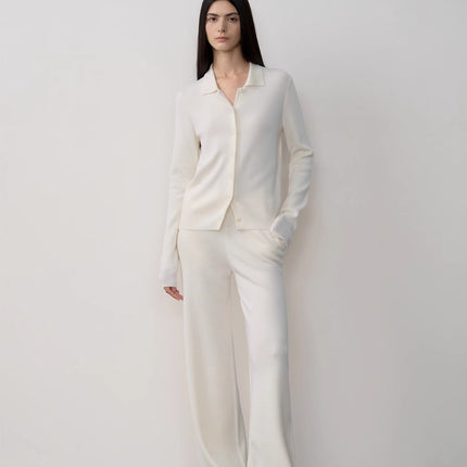 "Lazy Urban" Yangtze Merino Wool Polo-Neck Cardigan Straight-Leg Knitted Pants Suit