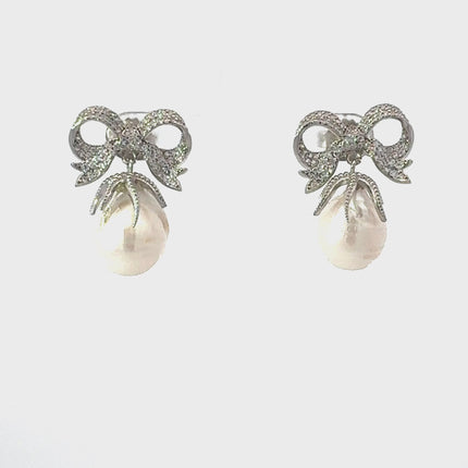 Baroque Pearl Ribbon and Bows Drop Earrings Silver