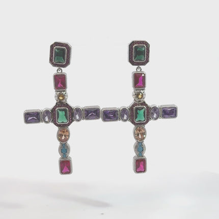 Maria Extra Large Gemstone Fashion Earrings Silver (Cross)