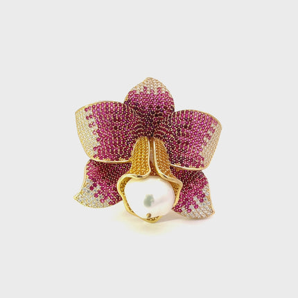 Daffodil With Pearl Cocktail Ring Gold Ruby CZ
