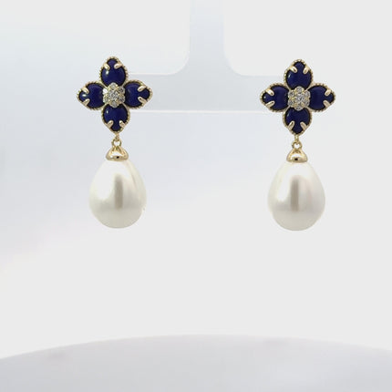 Flower Clover Pearl Drop Earrings Lapis Lazuli Gold