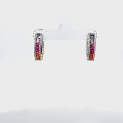Judy Rainbow Baguette Hoop Earrings Silver
