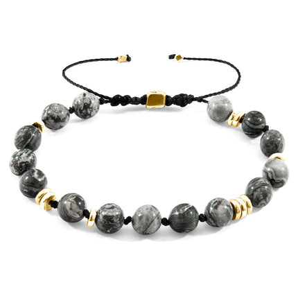 Grey Jasper Agaya 9ct Yellow Gold and Stone Beaded Macrame Bracelet