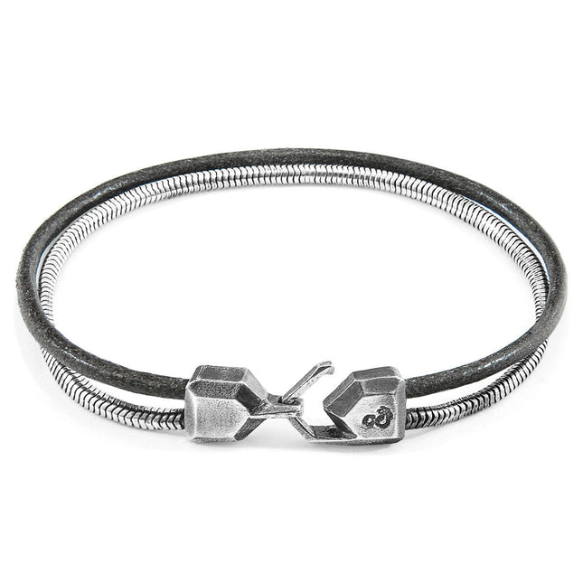 Shadow Grey Gallant Mast Silver and Round Leather Bracelet