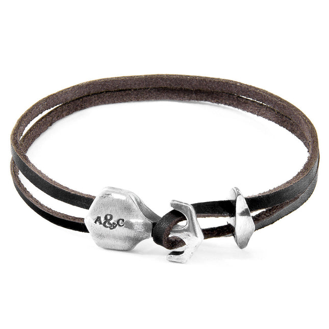 Dark Brown Delta Anchor Silver and Flat Leather Bracelet