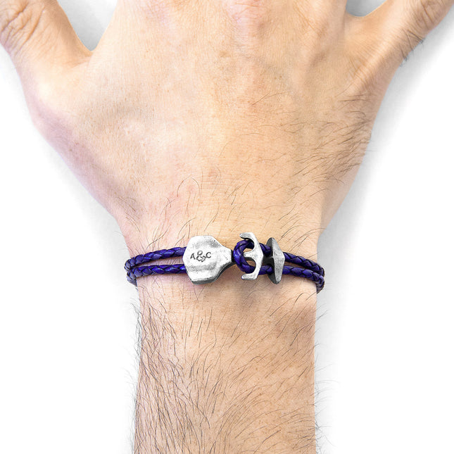Grape Purple Delta Anchor Silver and Braided Leather Bracelet