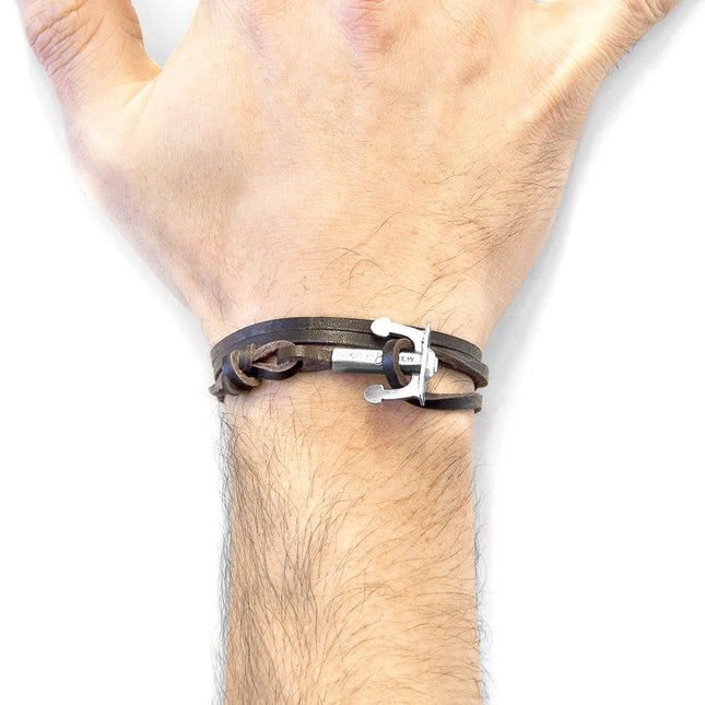 Dark Brown Union Anchor Silver and Flat Leather Bracelet