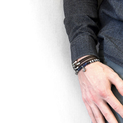 Coal Black Union Anchor Silver and Braided Leather Bracelet
