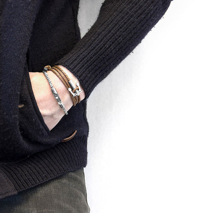 Light Brown Union Anchor Silver and Braided Leather Bracelet