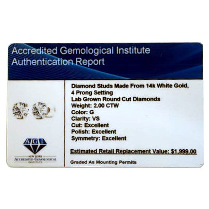 2.00 CTW AGI Certified  Lab-Grown Diamond Stud Earrings in 14K Yellow Gold | G Color VS Clarity | USA Handcrafted Fine J
