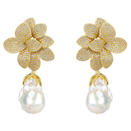 Amaryllis Flower Baroque Pearl Drop Earrings White Gold
