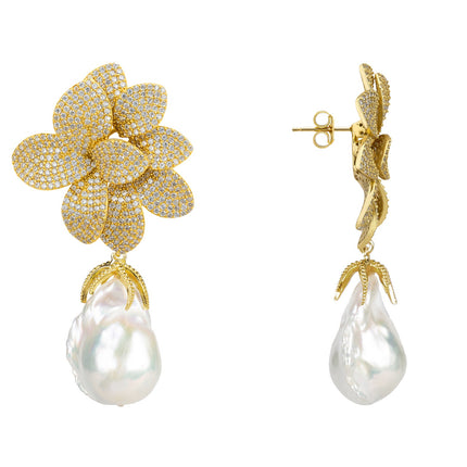 Amaryllis Flower Baroque Pearl Drop Earrings White Gold