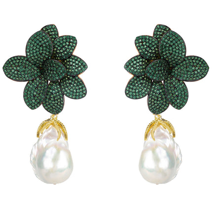 Amaryllis Flower Baroque Pearl Drop Earrings Green Gold