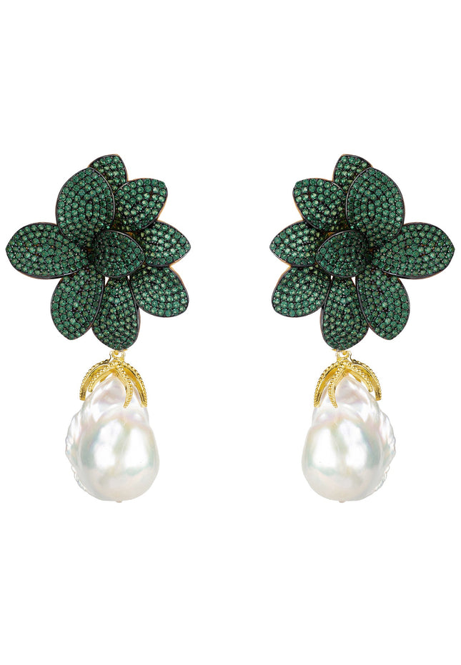 Amaryllis Flower Baroque Pearl Drop Earrings Green Gold