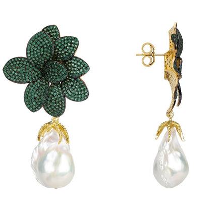 Amaryllis Flower Baroque Pearl Drop Earrings Green Gold