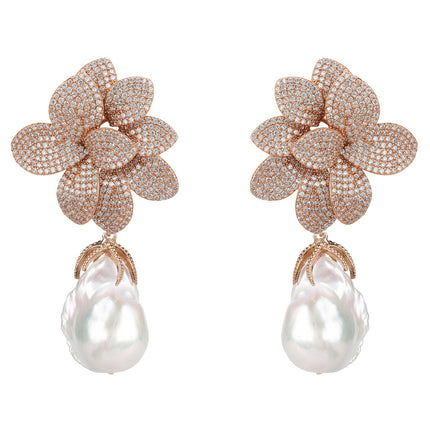 Amaryllis Flower Baroque Pearl Drop Earrings White Rosegold