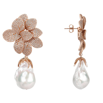 Amaryllis Flower Baroque Pearl Drop Earrings White Rosegold