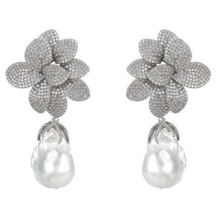 Amaryllis Flower Baroque Pearl Drop Earrings White Silver