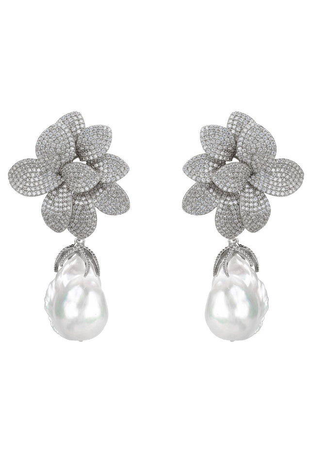 Amaryllis Flower Baroque Pearl Drop Earrings White Silver