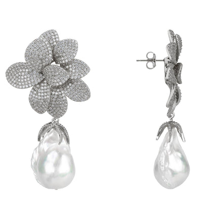 Amaryllis Flower Baroque Pearl Drop Earrings White Silver