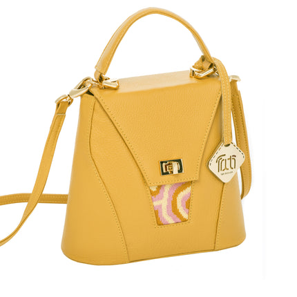 TATI BODUCH Designer Handbag, AGATE Collection, Genuine Leather: Mustard, Knitwear: Pink