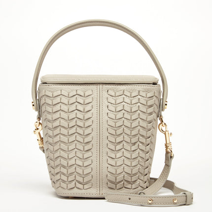 Woven Leather Bucket Bag Quilted Grayish Beige Crossbody Purse Women's Handbag