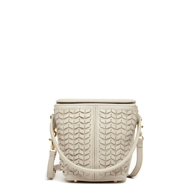 Woven Leather Bucket Bag Quilted Grayish Beige Crossbody Purse Women's Handbag
