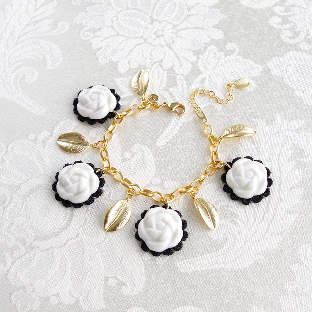 Porcelain Camellias and Golden Leaves Bracelet