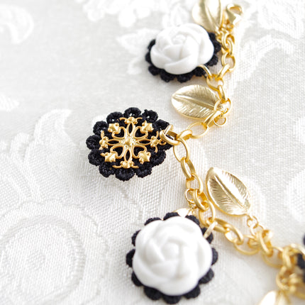 Porcelain Camellias and Golden Leaves Bracelet
