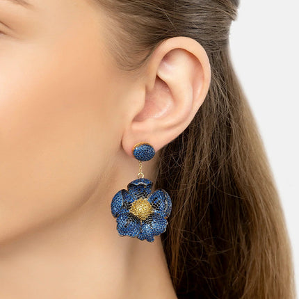 Poppy Flower Drop Earrings Sapphire Gold
