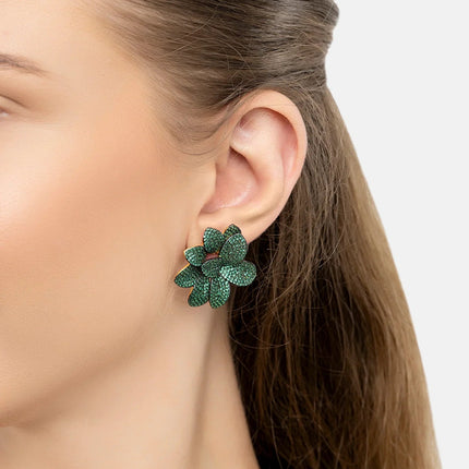 Amaryllis Flower Large Stud Earrings Gold Emerald