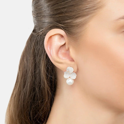 Iris Flower and Pearl Dangle Earrings Rosegold
