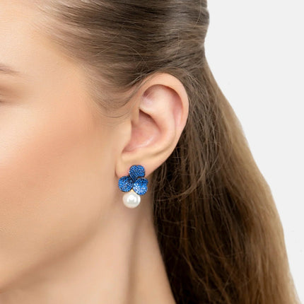 Iris Flower and Pearl Dangle Earrings Sapphire Gold