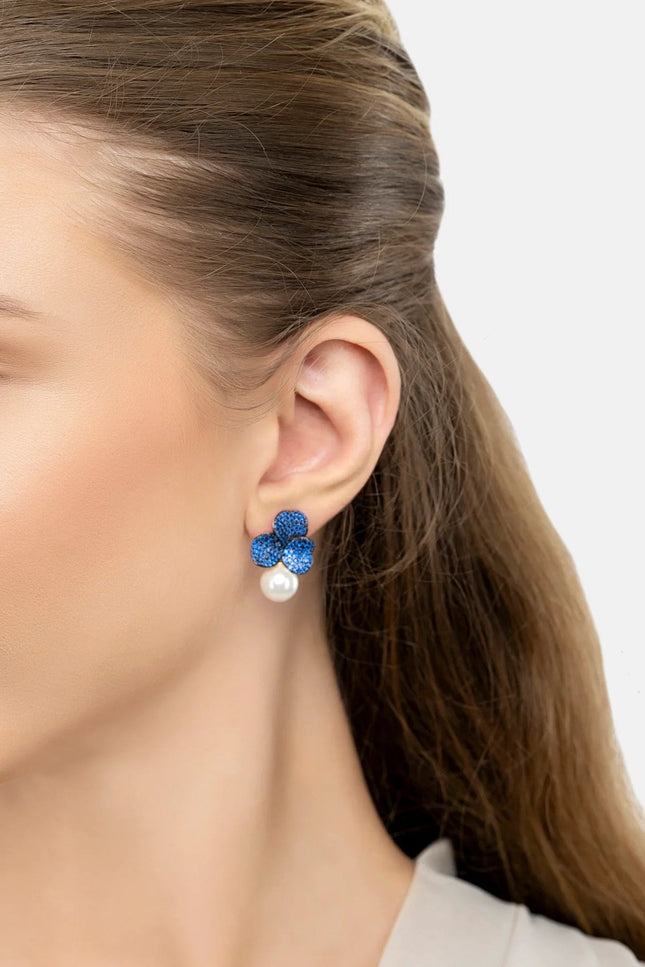 Iris Flower and Pearl Dangle Earrings Sapphire Gold