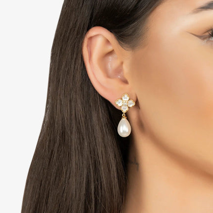 Flower Clover Pearl Drop Earrings Mother of Pearl Gold
