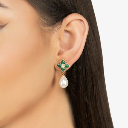 Flower Clover Pearl Drop Earrings Malachite Gold