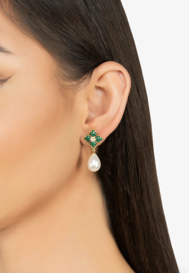 Flower Clover Pearl Drop Earrings Malachite Gold