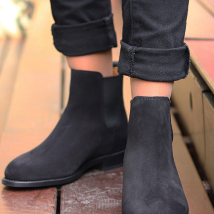 Women's Black Suede Chelsea Boots, Welted Leather Sole