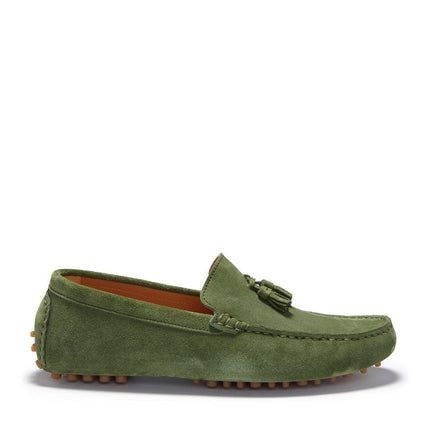 Tasselled Driving Loafers, Safari Green Suede