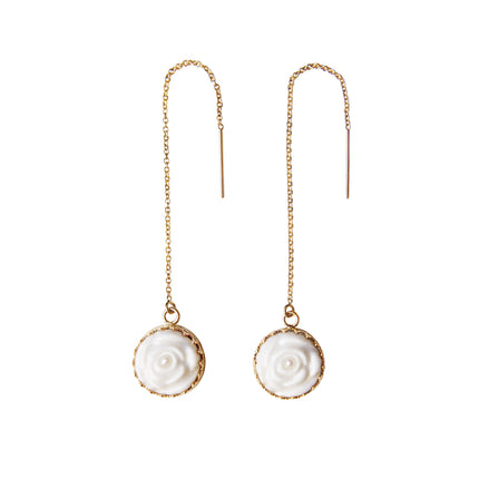 Porcelain Rose With Pearl Gold-Filled Chain Earrings